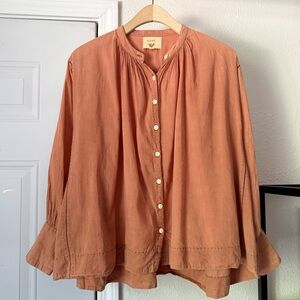 KARU peach cotton garment hand dyed lattice lace trim button up blouse shirt top